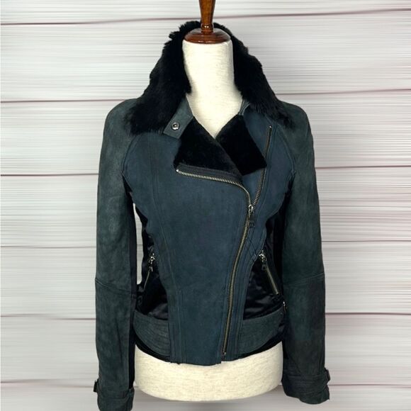 Armani Exchange Charcoal Leather Suede Moto Bomber Jacket Fur Collar Satin Back - Picture 2 of 15